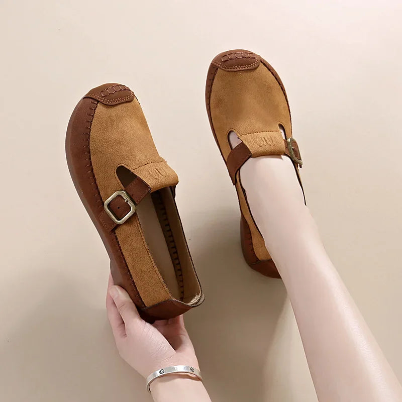 Soufree  -  unique shoes Women Shoes Autumn New Flat Sole Casual Shoes Retro Comfort Belt Buckle Trendy Maillard Anti Slip Boken Shoes Zapatos Mujer