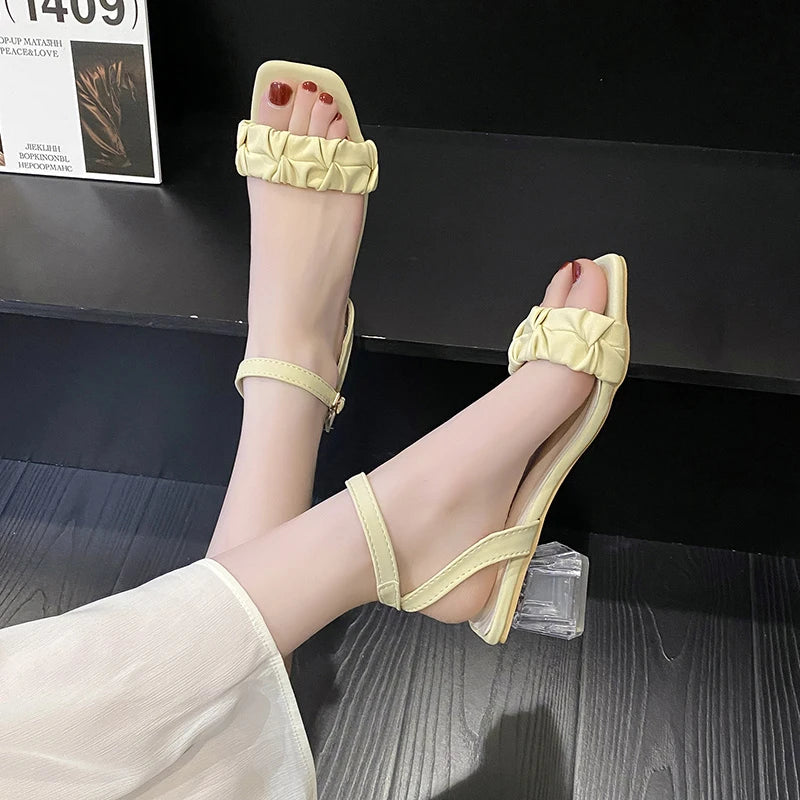 Soufree  -  Fashion Sandals Women Casual Square High Heels Women Shoes Solid Buckle Strap Crystal Pleated Summer Shoes Plus Size Sandalias