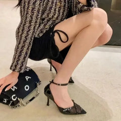 Soufree  -  Black Silk Is A Sexy Thin Heel Black Minority Single-shoe Temperament Pointed Head One-line Buckle High-heeled Sandals