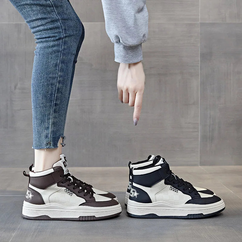 Soufree  -  Spring Style Genuine Leather White Shoes High-top Sneakers Women's Casual Thick-soled Tennis Walking Sports Shoes for Girls