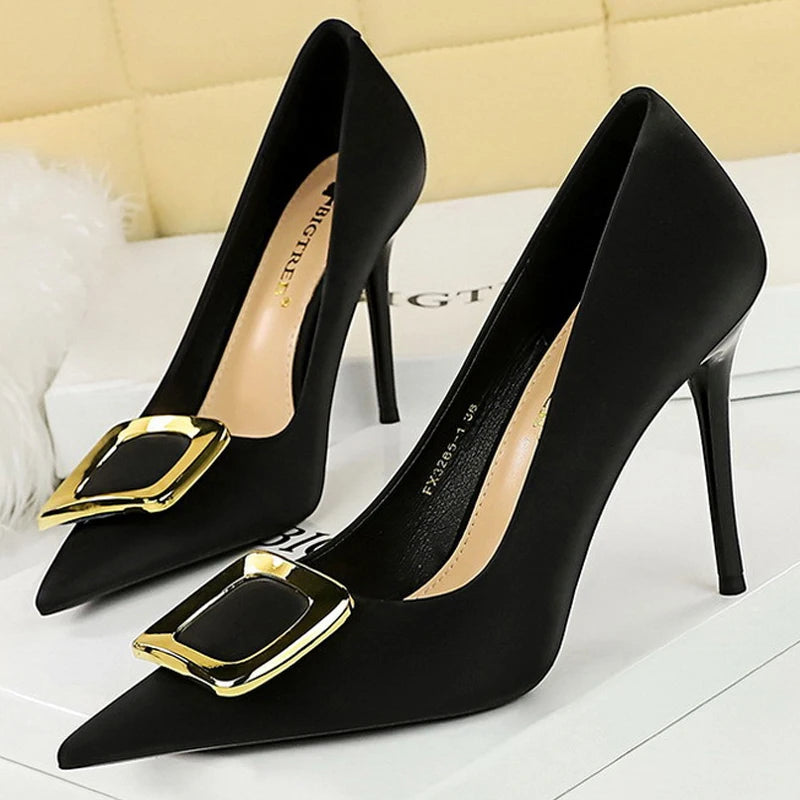 Soufree  -  Shoes Metal Buckle High Heels Women Shoes Silks Satins Pointed Toe Women Pumps Stilettos Fashion Office Shoes 10 Colors