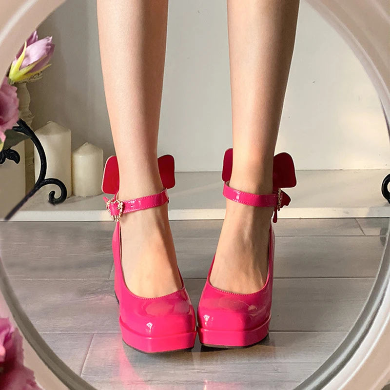 Soufree  -  Pink Patent Leather High Heels 9cm Sexy Lolita Shoes Platform Girls Women Anime Cosplay Mary Jane Shoes Halloween Party Roleplay