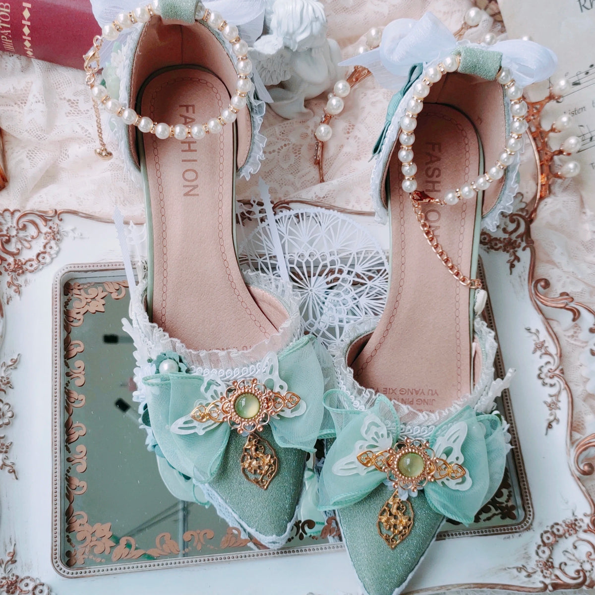 Soufree  -  Handmade Gorgeous Chinese Style Lolita Green Heel High Heels Tea Party Cos Lolita Girls Tea Party Single Shoes Pearl Lace Shoes