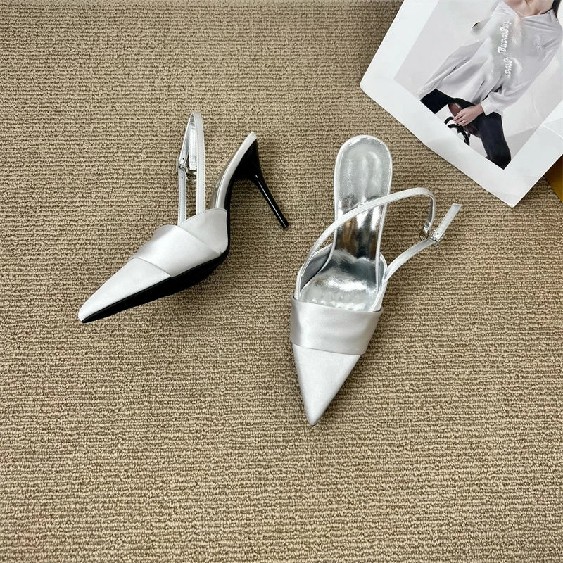 Soufree  -  Sexy Pointed Toe Silk Slingback Pumps Women Summer Office Lady comfort Heeled Sandals Elegant Stiletto High Heels Party