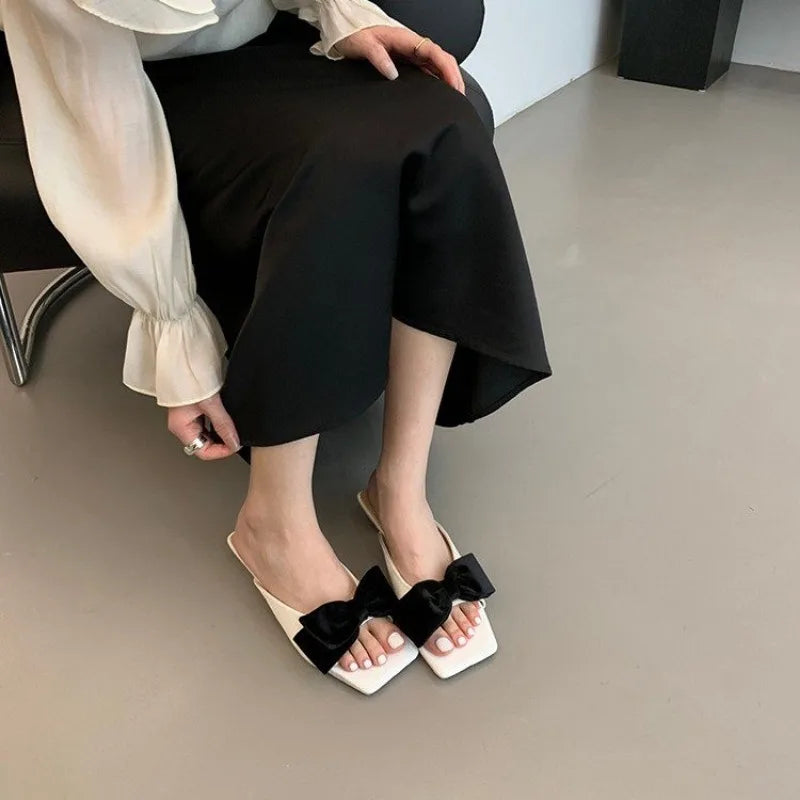 Soufree  -  Summer New Square Head Small Slippers with Silver Bow with Flip-flops Women's Slip-on Women's Shoes High Heels