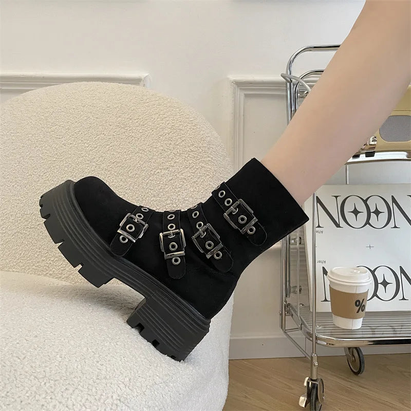 Soufree  -  Chunky High Heels Suede Platform Ankle Boots Women New Winter Fashion Belt Buckle Wedges Shoes Ladies Trend Punk Ankle Boots