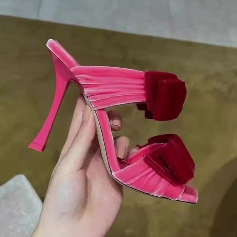 Soufree  -  New Square Toe Sandals Sexy Pink Velvet Bow Stiletto Heels Temperament Open-Toed Slippers Women