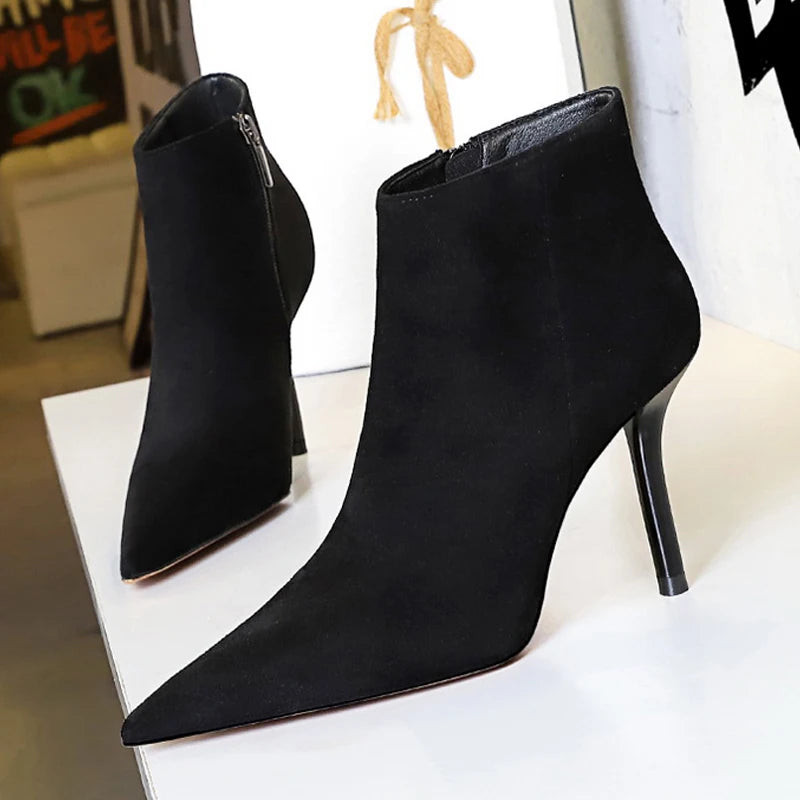 Soufree  -  Shoes Suede Ankle Boots For Women Heels Winter Boots Pointed Stilettos High-heeled Boots Side Zipper Black Short Boots