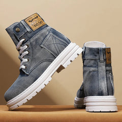 Soufree  -  Men's High Top Retro Denim Sneakers Are Fashionable Versatile, Lightweight and Outdoor Lace Up High Top Shoes  Hard-Wearing