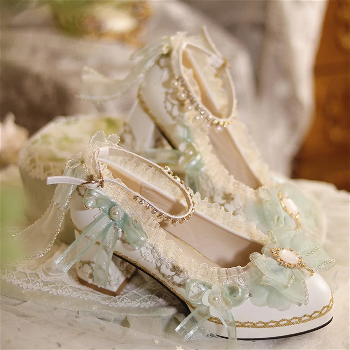 Soufree  -  French Vintage Lolita Girls Shoes Elegant Tea Party Palaca Ribbon Bowknot Pearls Gems Lace Pointed Sandals 5-6cm High Heeled