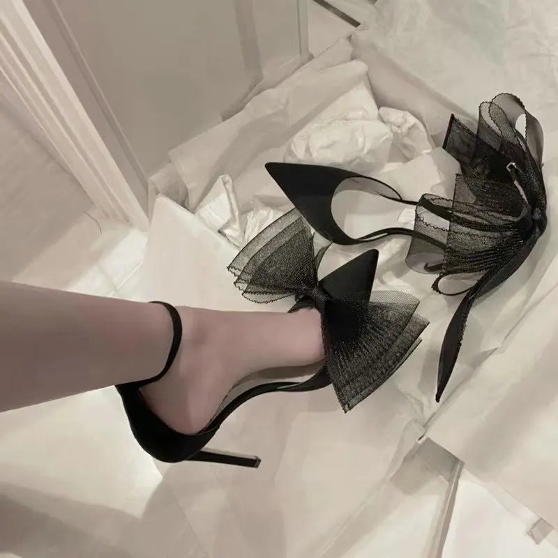 Soufree  -  Lace Bow High Heels New Sexy Line With Pointed Thin Head Pumps Girl Baotou European Sandals Women