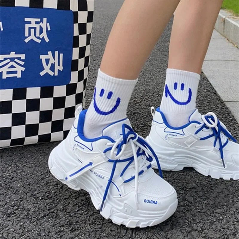 Soufree  -  Classic Chunky Sneakers Women Spring Mesh Lace up High Heels Round Toe Platform Shoes for Women Vulcanize Shoes Plus Size