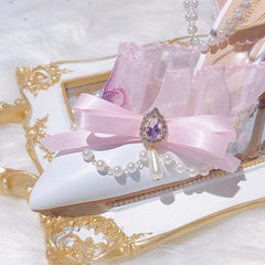 Soufree  -  Lolita Sweet Pink Lace Bowknot Rhinestone High Heels Women Shoes Pointed Pearl Tassel Bridal Wedding Shoes Flower Wedding Shoes