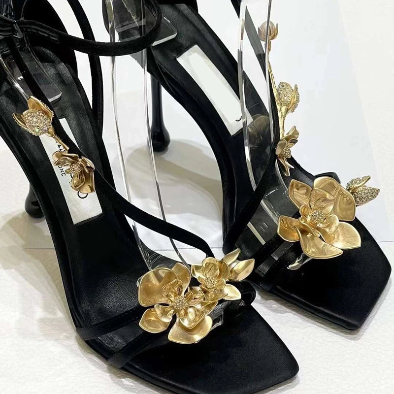 Soufree  -  Golden Flowers High Heels Women Silk Luxury Designer Sandal Metallic Flower Square Toe Pointed Fine Heel Party Dress Shoes Pumps