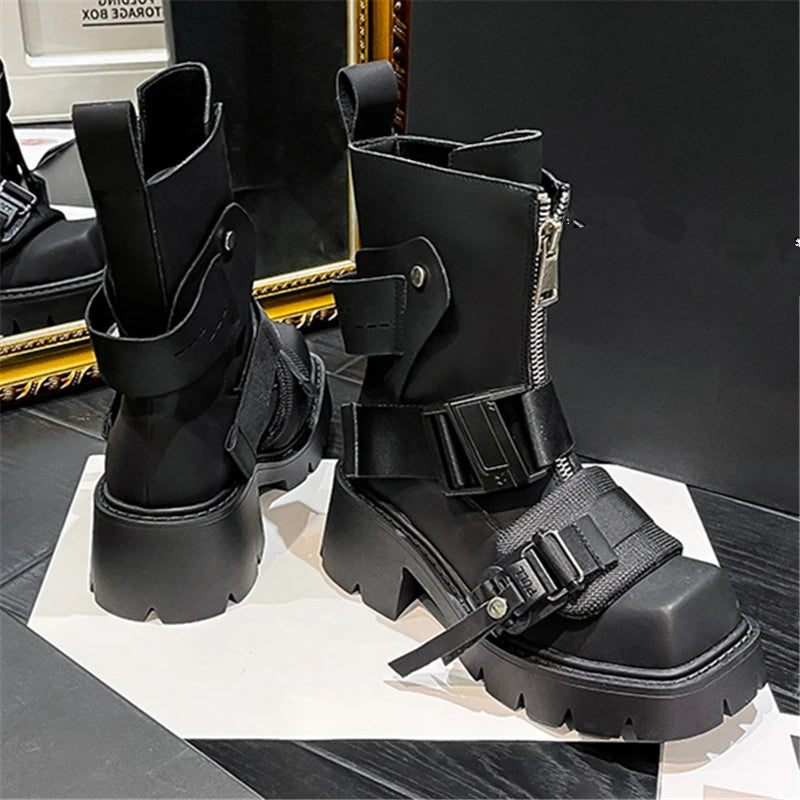 Soufree  -  Genuine Leather Square Toe Belt Buckle Thick Sole Chunky Heels Women Boots Black Zipper Fashion Punk Style Street Female Shoes