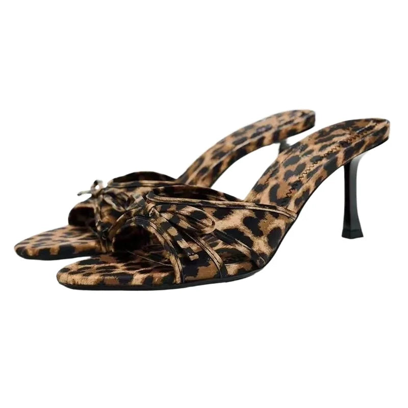 Soufree  -  Leopard High Heels Slippers Women Bow Shoes Sexy Dress Sandals Summer New Slides Casual Pumps Walking Cozy Mujer Flip Flops