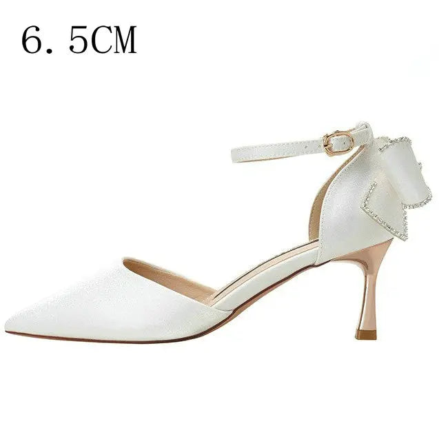 Soufree  - Star style Women Satin Pumps Fashion Rhinestones Stiletto High heels Party Shoes Summer Butterfly-knot Wedding Shoes