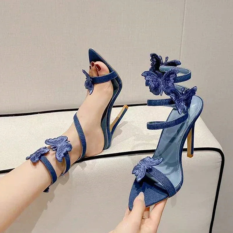 Soufree  -  Butterfly Ankle Strap Sandals Women Summer New Sexy Party Dress Shoes Cowboy Designer Shoes Denim High Heels Ladies Pumps