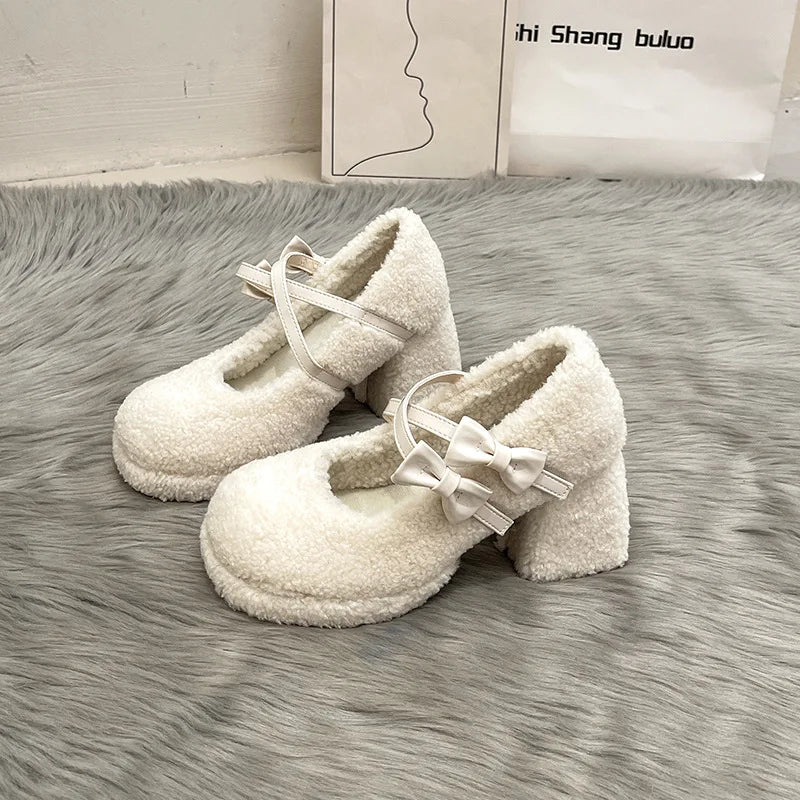 Soufree  -  Platform Lambs Wool Mary Jane Shoes for Woman Fashion Bowknot Fur Thick Sole Pumps Ladies Winter Warm Plush Dress High Heels