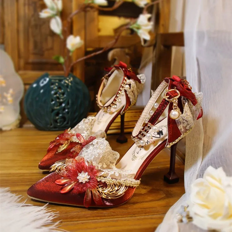 Soufree  -  One Night Story Lolita Shoes Slim Heels Cos Loli Girl Flower Wedding Bride Chinese Style High Heel Wedding Shoes