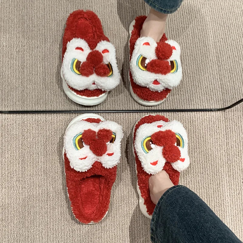 Soufree  -  New Chinese Style Indoor Fluffy Slippers For Women Men Winter Warm Shoes Cute Cartoon Anti-slip Couples Home Snow Boots