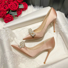 Soufree  - New Satin Wedding Bridesmaid Shoes Champagne High Heels Pearl French Girl Dress Pumps