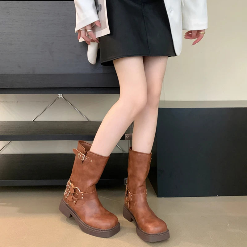 Soufree  -  Chic Square Toe Women Western Cowgirl Boots Fashion Belt Buckle Short Booties Autumn Winter Female Low Heel Shoes