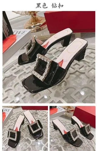 Soufree  -  Square buckle rhinestone fashionable women's shoes new square toe low thick heel open toe elegant sandals for external wear