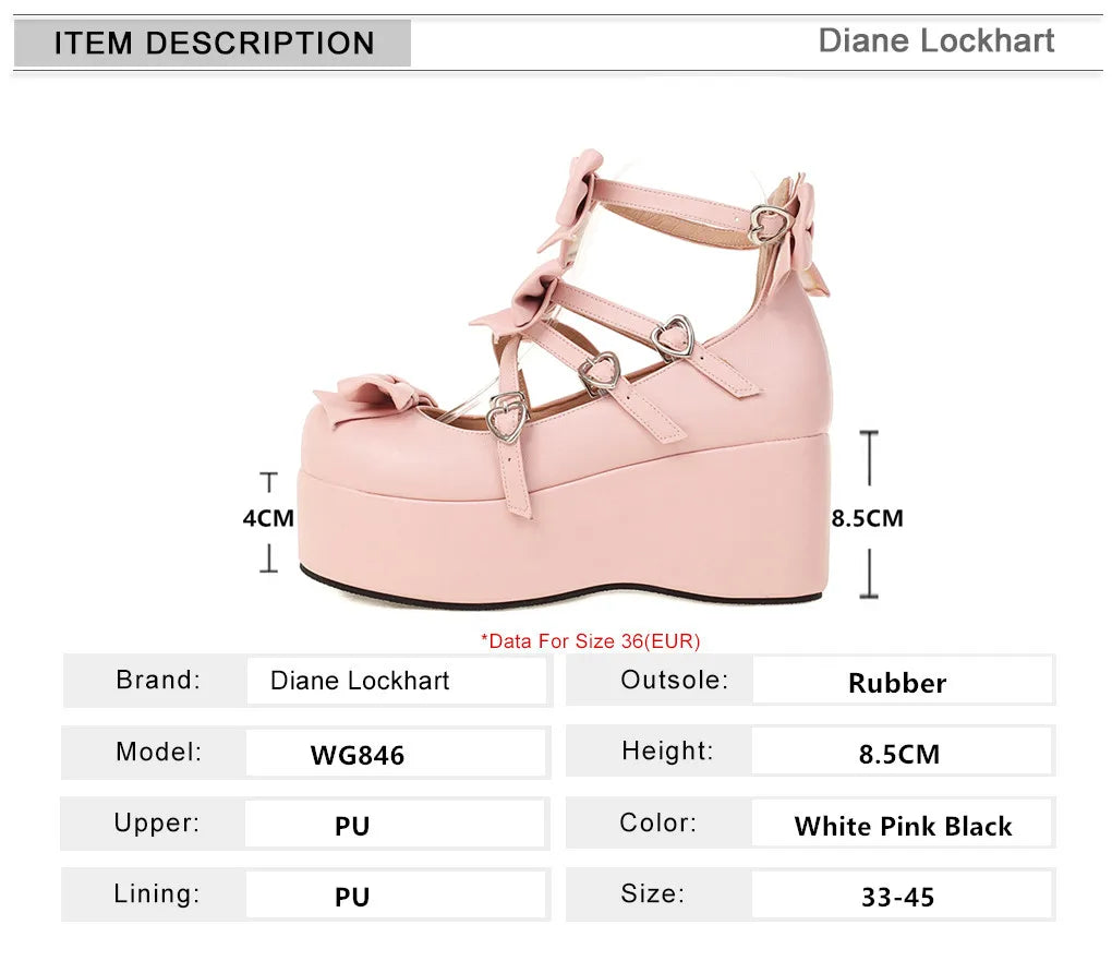 Soufree  -  New Sweet Heart Buckle Wedges Mary Janes Women Pink Bow Cross Strap Chunky Platform Lolita Ladies Punk Gothic Cosplay Girls Shoe