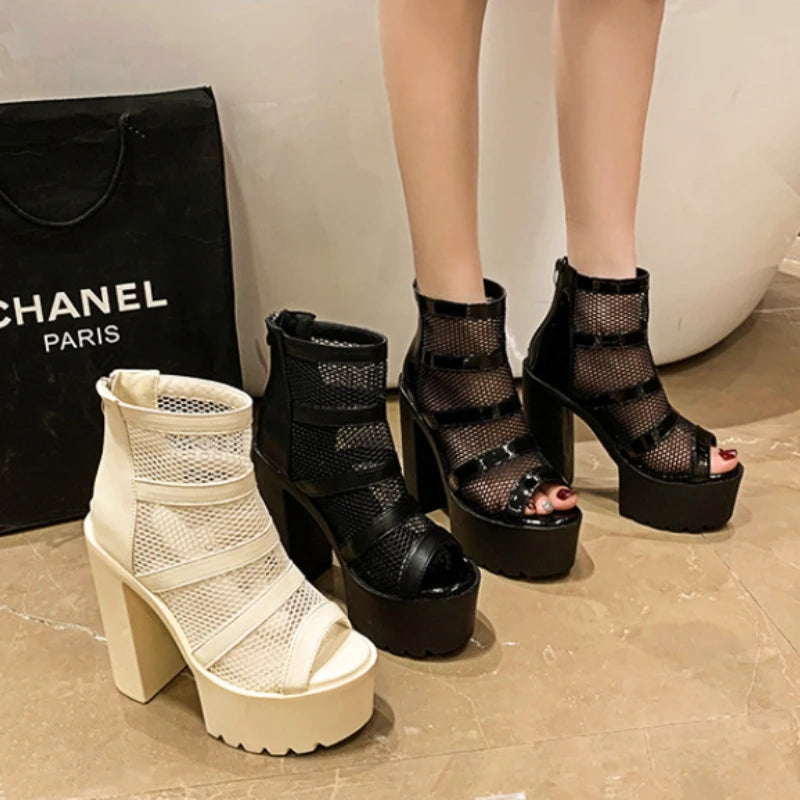 Soufree  -  High Heeled Sandals Women Summer Thick Heel Mesh Yarn Design Boots for Women Waterproof Platform Shoes Hollow Roman Sandals