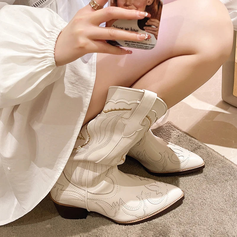 Soufree  -  White Cowboy Boots for Women Embroidery Pointed Toe Mid Calf Botas Female Slip On Thick Heels Cowgirl Boots Woman 42