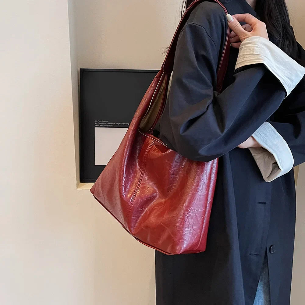 Soufree  Women's PU Leather Soft Shoulder Bag Vintage Wine Red Ladies Underarm Bag 2pcs Commuter Versatile Tote Bag Quality Large Handbag