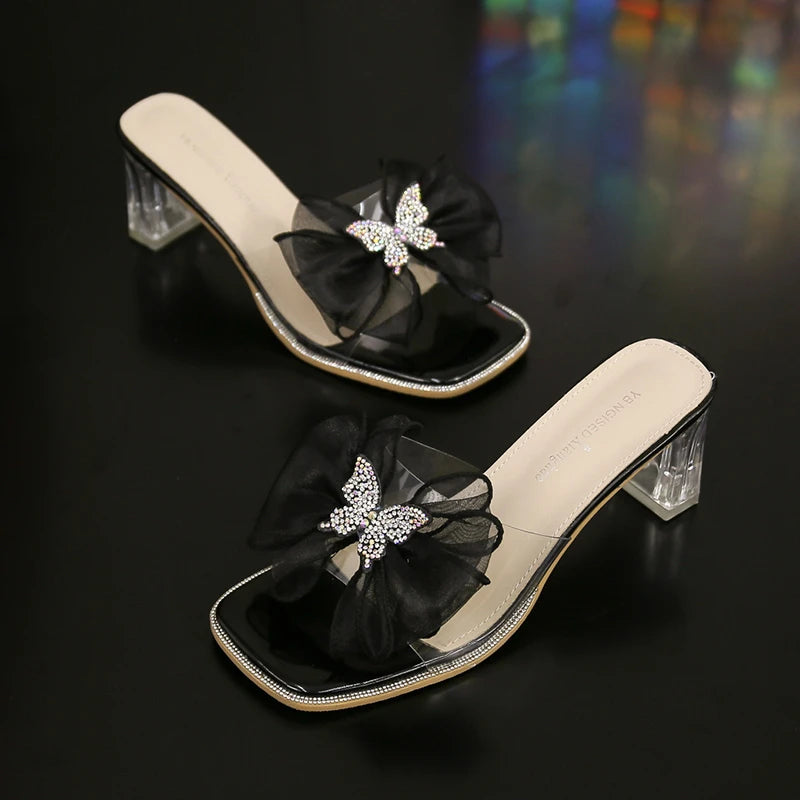 Soufree  -  Lovely Slippers Woman Slides Daily Square High Heels Shoes for Women Solid Crystal Butterfly Knot Bling Summer Shoes Plus Size