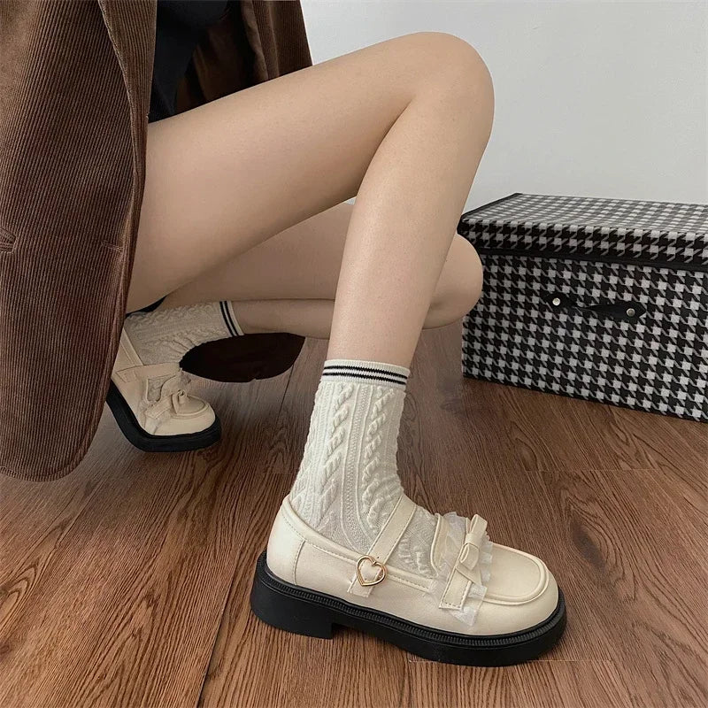 Soufree  -   New Lace Bowknot Lolita Shoes Women Casual Soft Leather Flats Loafers Outdoor Female Heart Buckle Platform Mary Jane Shoes