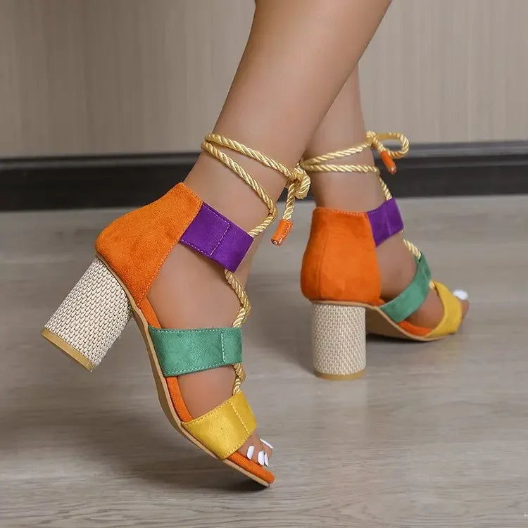 Soufree  - New Trend Summer Chunky Shoes Fashion Women High Heels Sandals Designer Weave Ankle Lace Slides Sexy Open Toe Female Pumps