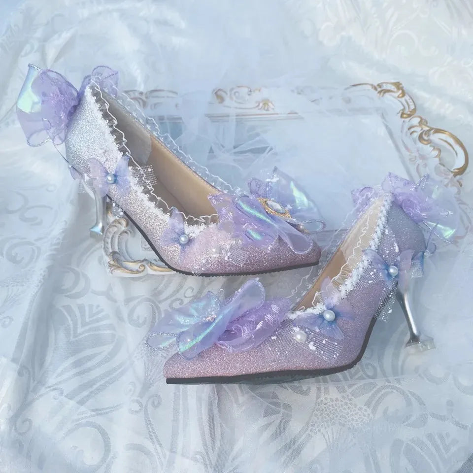 Soufree  -  Court Retro Style Sweet Lolita Cosplay Flower Wedding Elegant Tea Party Girl Bow Pearl Lace 6cm Purple Dream High Heeled Shoes