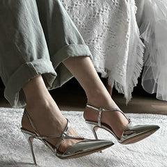 Soufree  -  New Design Silver Patent Leather Pumps Cross Line Buckle Pointy Heel Sandals For Women