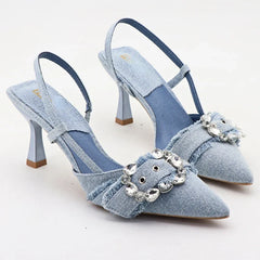 Soufree  -  Denim Rhinestone Blue High Heels Sandals Designer Summer Office Women Shoes Pointed Toe Low Heel Elegant Jean Ladies Shoes Pumps