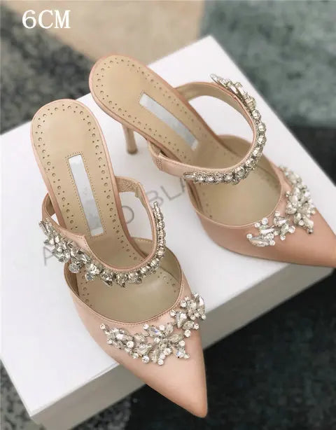 Soufree  -  Luxury Satin Slippers Pointed Toe Heels Women's Slippers Outside Party Shoes Elegant Summer Slip On Sandals