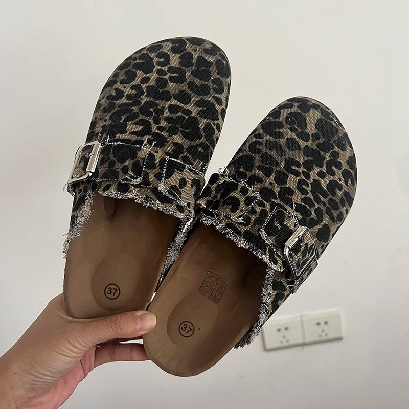 Soufree  -  Spring Classic Women's Closed Toe Cork Sandals Slippers Ladies Leopard Cork Slippers Camo Mule Clogs Shoes Flats Hot Sale