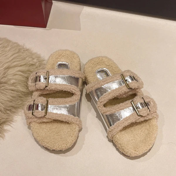 Soufree  -  House Slippers Platform Fur Shoes Glitter Slides Beige Heeled Sandals Slipers Women Med Plush Jelly Soft Flat Black Casual