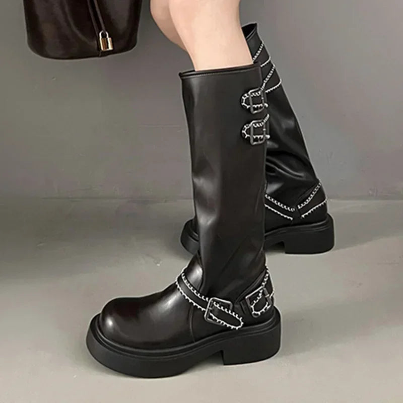 Soufree  -  trending shoes Platform Women High Boots Brand Fashion Leather Shoes Winter Woman New Trend Knee High Chelsea Boots Flats Goth Botas Mujer