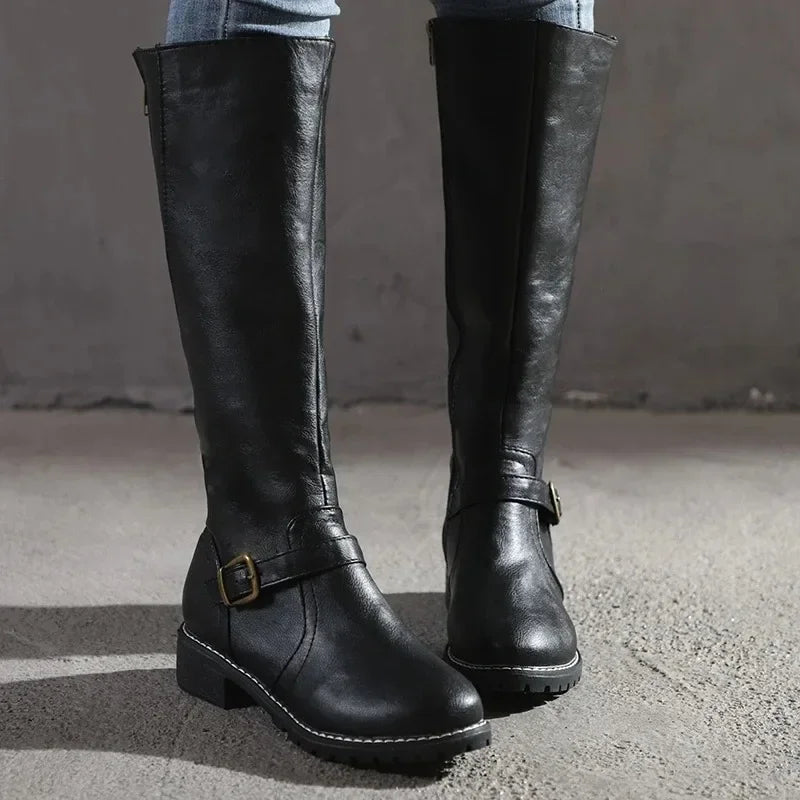 Soufree  -  Women Straight Boots Vintage Leather Long Knight Boot Square Heel Knee High Boot Buckle Zipper British Style Winter Female Shoes