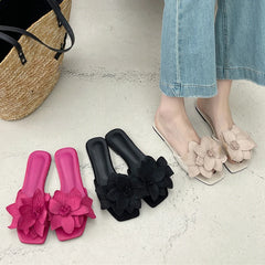 Soufree  -  Summer Fashion Faux Suede Flower Square Headed Flat Heels for Women Slippers Flat Bottom Sandals Beach Slides Zapatos