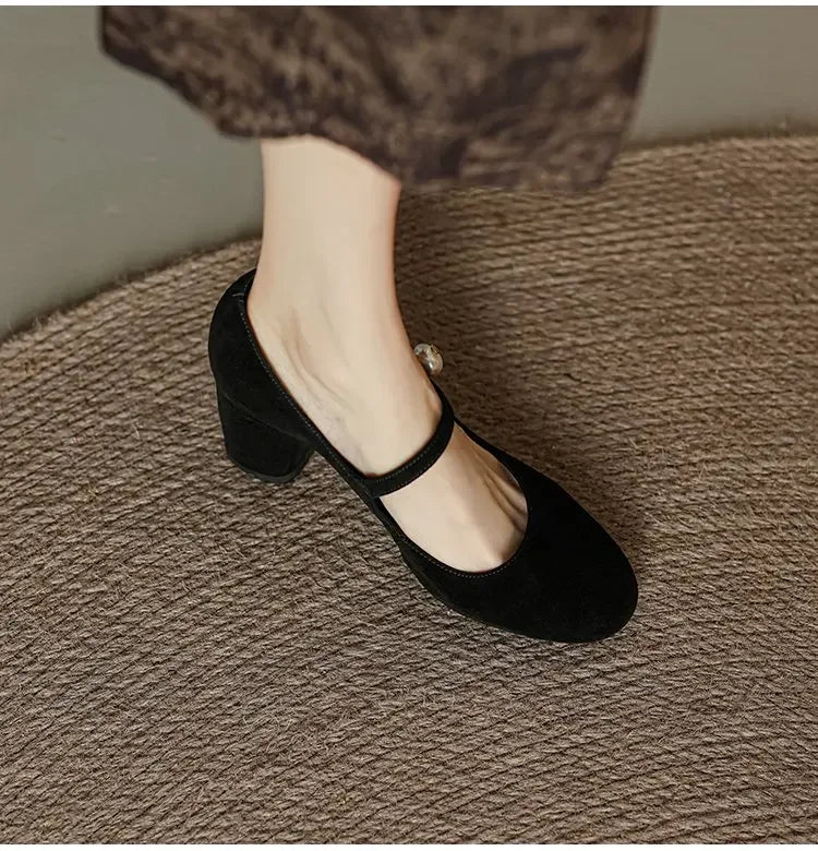 Soufree  -  summer shoes Women's Mary Janes Shoes Vintage Office Dress Shoes Black  Pumps Pearl Buckle Mid Heels