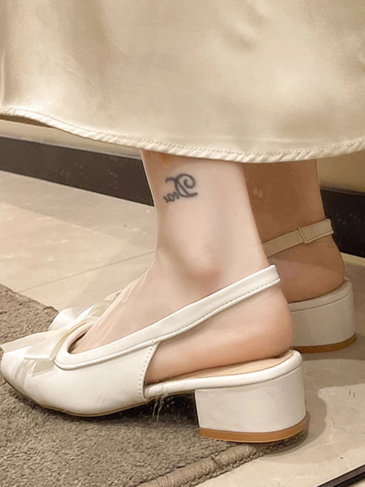 Soufree  -  Sweet Solid Square Heels Sandals Women Summer New Elegant Bow French Ballet Shoes Female Fairy Gentle Style Mary Jane Shoes