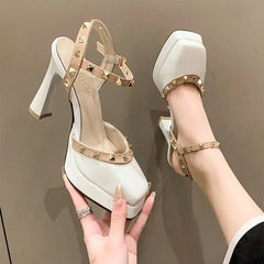 Soufree  -  unique shoes rivet platform heels sandals Mary Jane Shoes Buckle Pumps Women Elegant Shallow Square Toe Footwear Outdoor Lady Shoes white