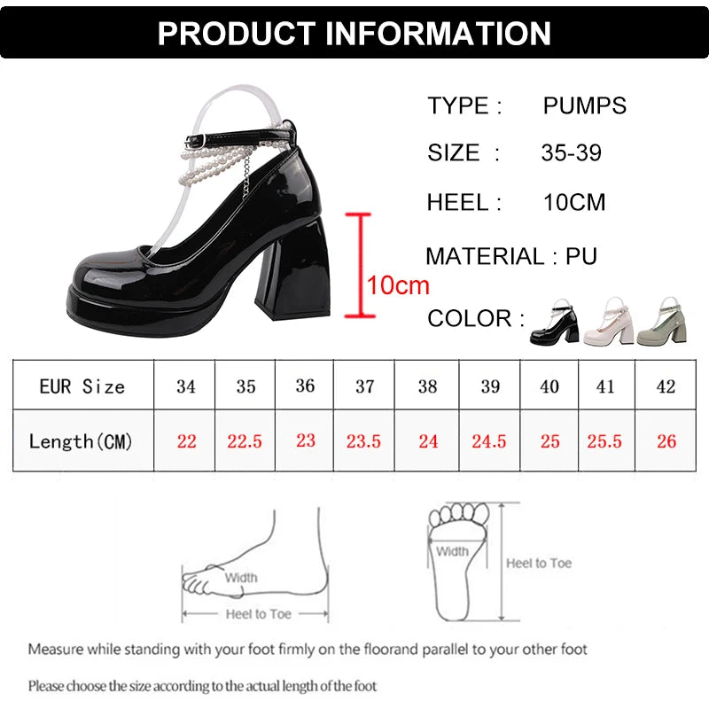 Soufree  - Vintage High Heels Mary Jane Shoes for Women Patent Leather Platform Pumps Woman Pearls Chain Thick-Heeled Shoes Female