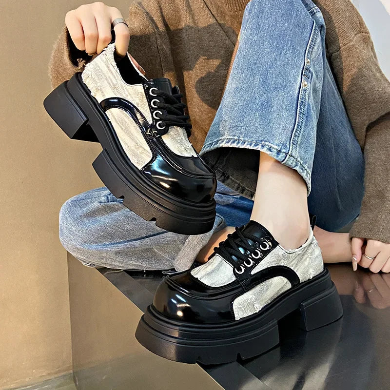 Soufree  -  Black Fashion Women's Platform Shoes New Denim Patchwork Lace Up Casual Walking Shoes Chunky Heel Women's Designer Loafers