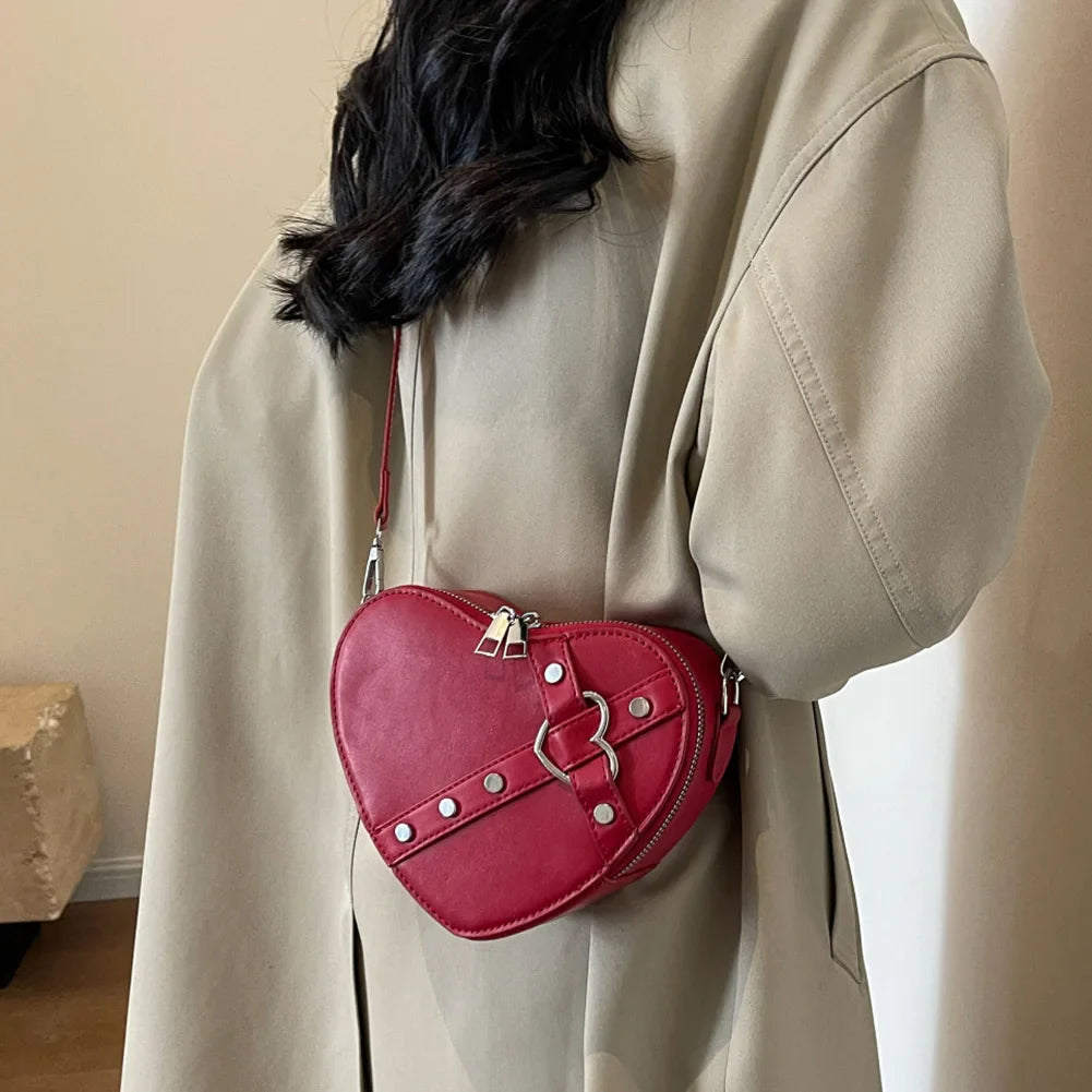 Soufree  -  designer bags Vintage Y2K Small Chain Rivet Shoulder Bag Heart Shaped Purse Handbags Pink PU Leather Gothic Tote Bags Ladies Crossbody Bags